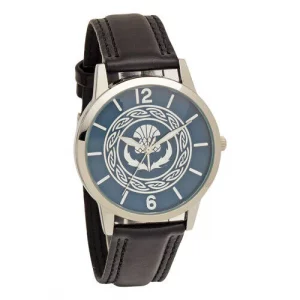 Beautiful Wrist Watch With Thistle Embossed Dial Complete With Black Leather Strap