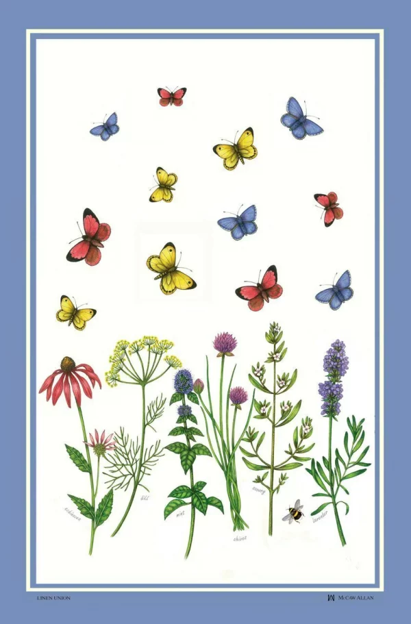 Butterflies and Herbs Linen Union Tea Towel