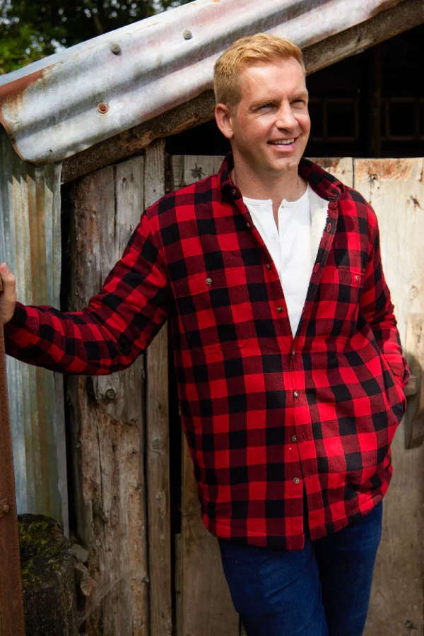 Red Black Check Long Sleeve Relaxed Men’s Fleece Lined Shirt Collar 100% Cotton - Image 2