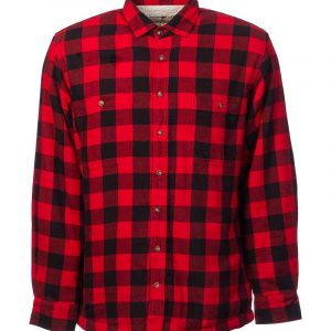 Red Black Check Long Sleeve Relaxed Men’s Fleece Lined Shirt Collar 100% Cotton