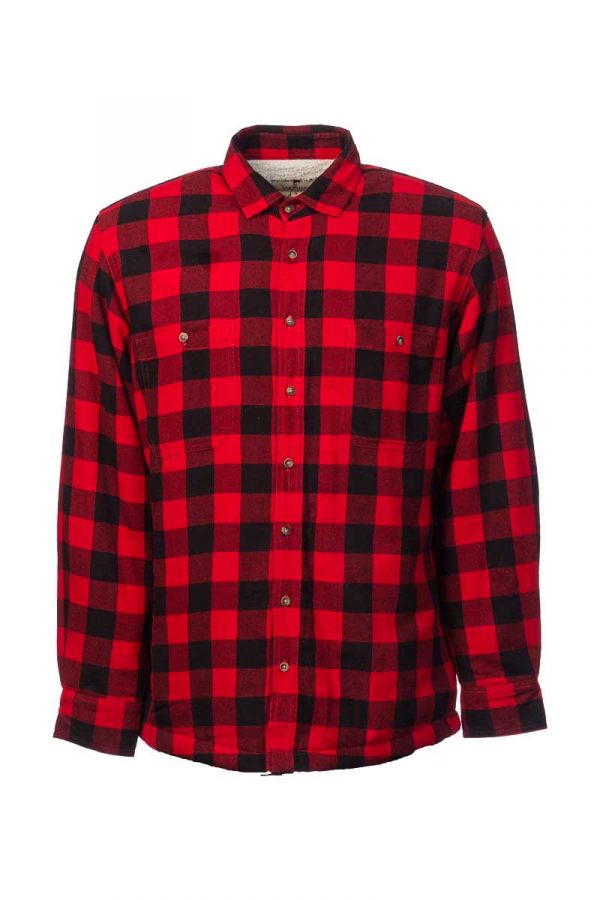 Red Black Check Long Sleeve Relaxed Men’s Fleece Lined Shirt Collar 100% Cotton