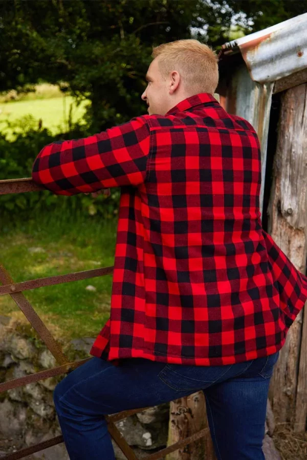 Red Black Check Long Sleeve Relaxed Men’s Fleece Lined Shirt Collar 100% Cotton - Image 3