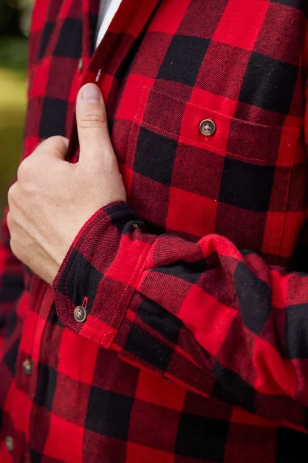 Red Black Check Long Sleeve Relaxed Men’s Fleece Lined Shirt Collar 100% Cotton - Image 4