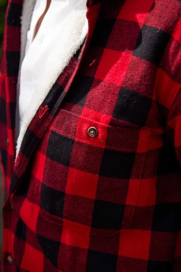 Red Black Check Long Sleeve Relaxed Men’s Fleece Lined Shirt Collar 100% Cotton - Image 5