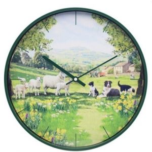 Round Wall Clock Collie and Sheep Battery Operated Gift Boxed Farm Animals